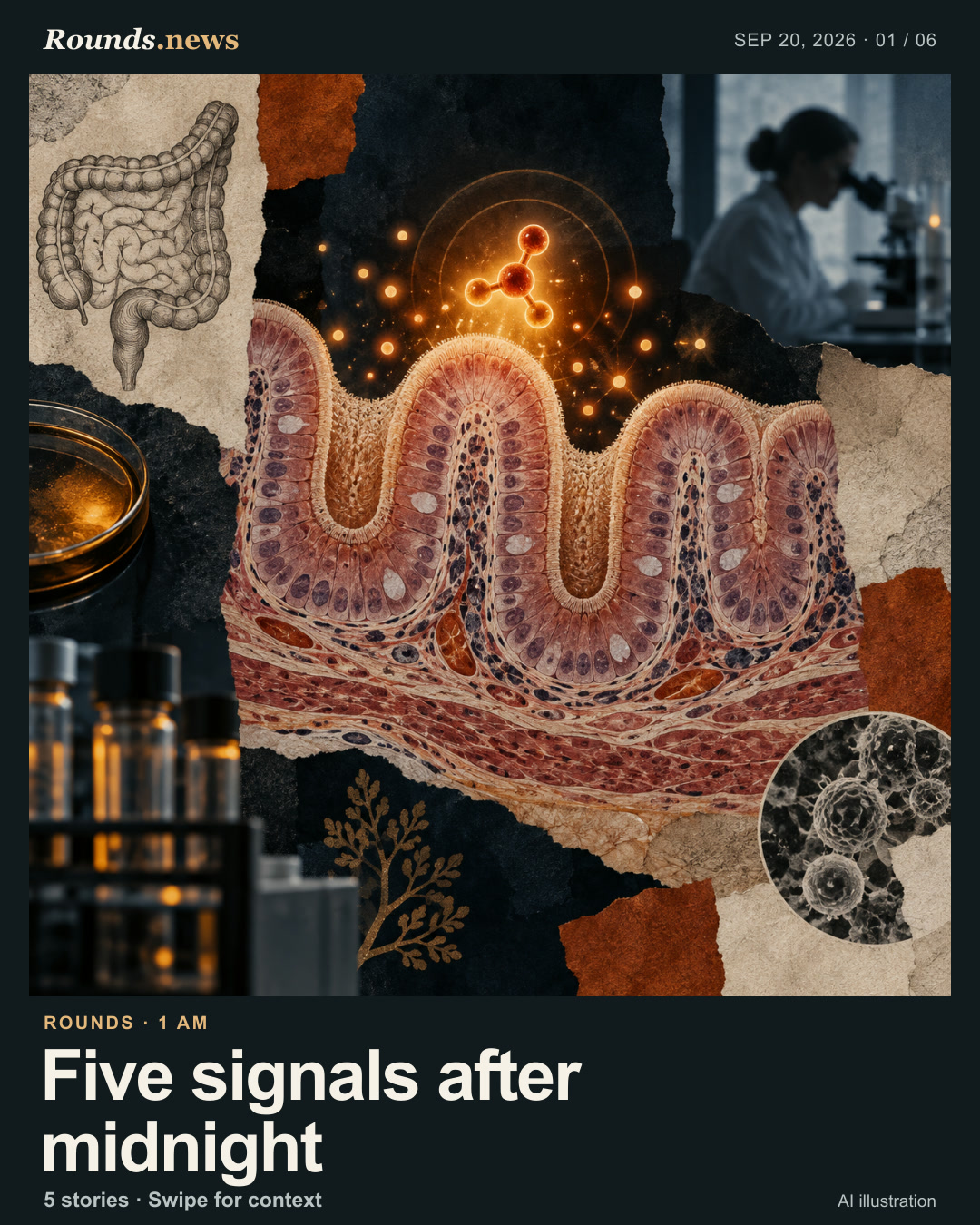 Card 1/6. Five signals after midnight. A gut tissue cross-section and glowing molecular warning signal in a laboratory. AI editorial illustration. Rounds.news editorial illustration. Source: ScienceDaily.