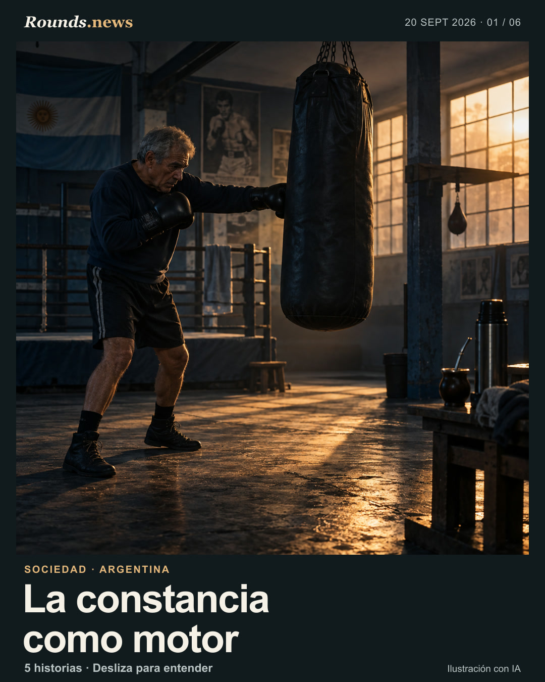 Tarjeta 1/6. La constancia como motor. Owned illustration of an older Argentine boxer training at dawn. Ilustración editorial con IA. Rounds.news editorial illustration. Fuente: Infobae.