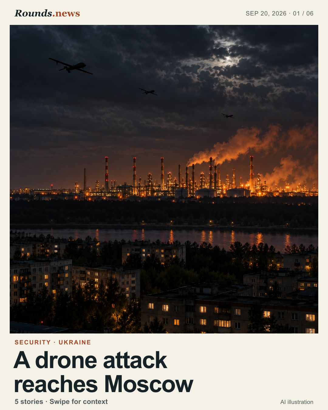 Card 1/6. A drone attack reaches Moscow. Owned illustration of a drone attack over a city and refinery. AI editorial illustration. Rounds.news editorial illustration. Source: BBC World.
