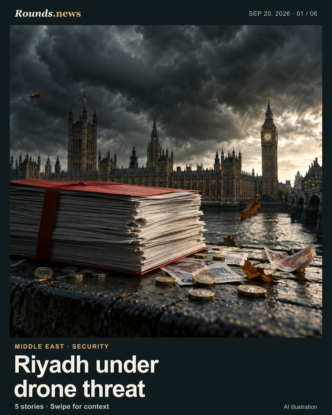 Card 1/6. Riyadh under drone threat. Owned illustration of Riyadh under drone threat. AI editorial illustration. Rounds.news editorial illustration. Source: France 24.