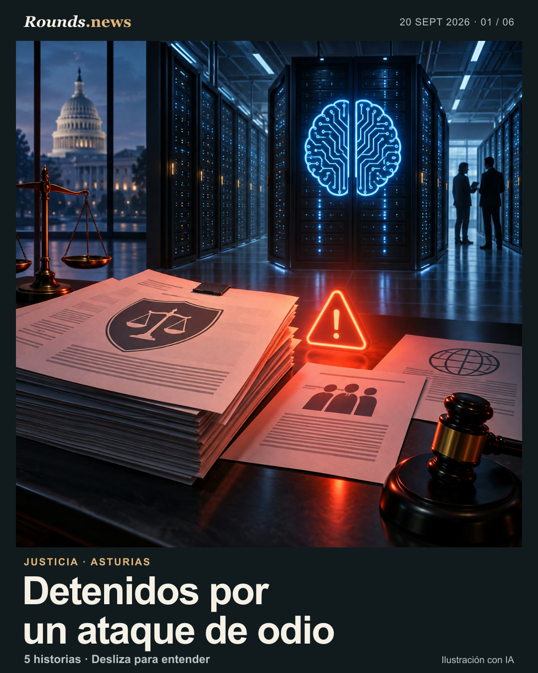 Tarjeta 1/6. Detenidos por un ataque de odio. Owned illustration of a hate-crime investigation. Ilustración editorial con IA. Rounds.news editorial illustration. Fuente: Infobae.