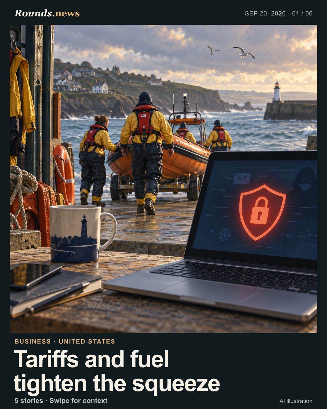 Card 1/6. Tariffs and fuel tighten the squeeze. Owned illustration of tariff and fuel pressure on companies. AI editorial illustration. Rounds.news editorial illustration. Source: CNBC.