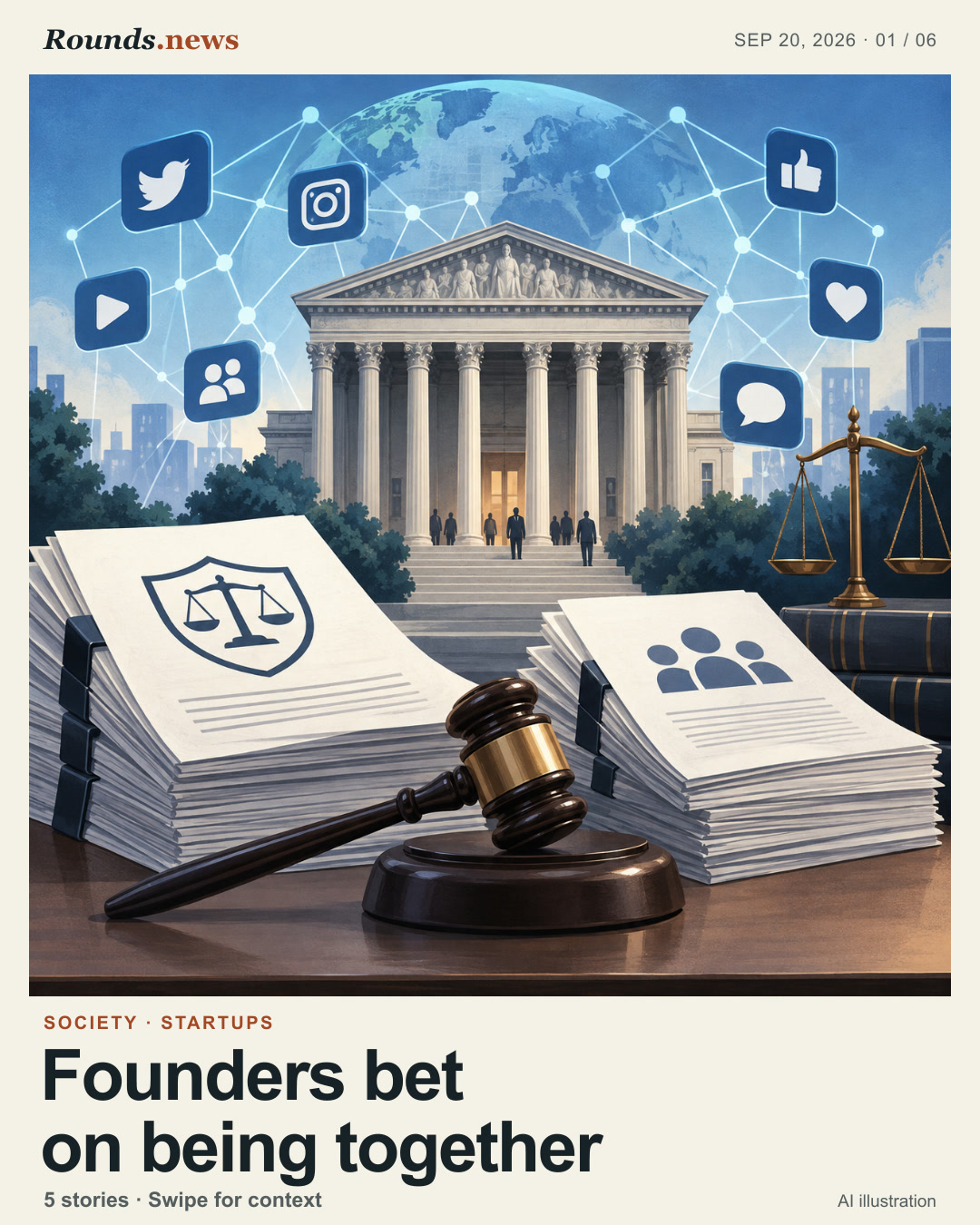 Card 1/6. Founders bet on being together. Owned illustration of an offline community gathering. AI editorial illustration. Rounds.news editorial illustration. Source: TechCrunch.