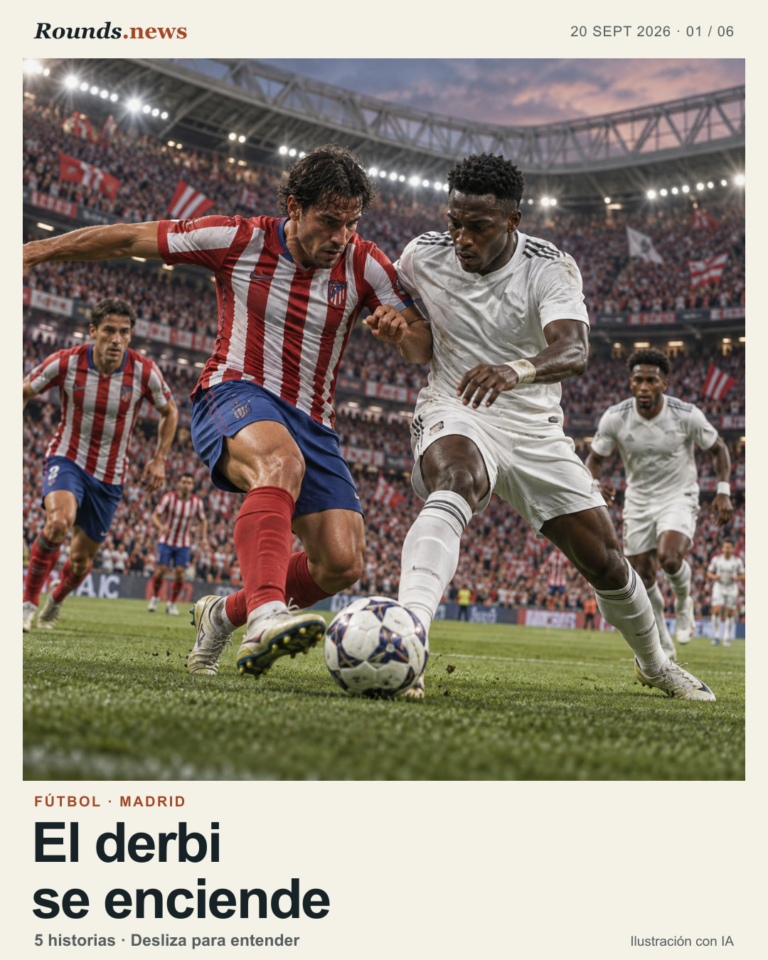 Tarjeta 1/6. El derbi se enciende. Owned illustration of a Madrid football derby. Ilustración editorial con IA. Rounds.news editorial illustration. Fuente: El País.