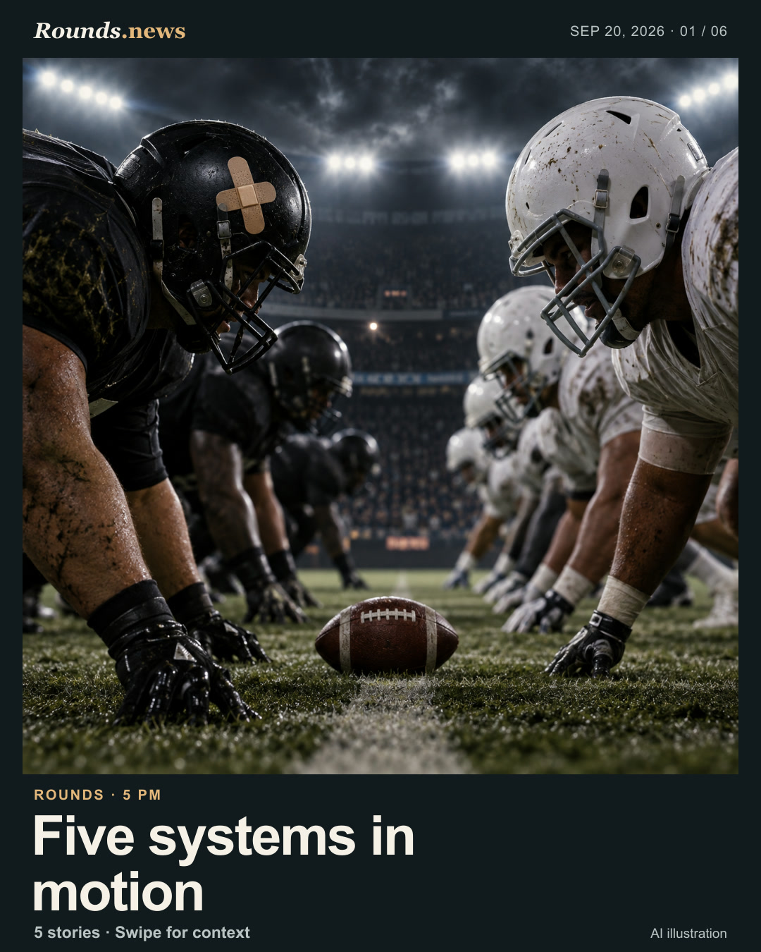 Card 1/6. Five systems in motion. NFL stadium under lights with opposing helmets and an injury motif AI editorial illustration. Rounds.news editorial illustration. Source: Guardian Sport.