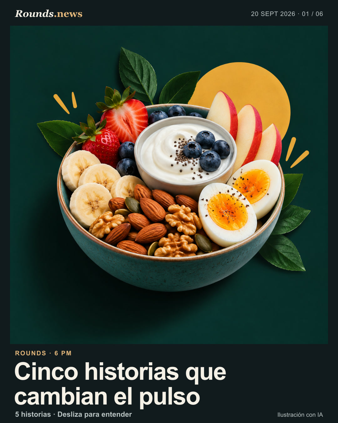 Tarjeta 1/6. Cinco historias que cambian el pulso. protein-rich snacks replacing a granola bar Ilustración editorial con IA. Rounds.news editorial illustration. Fuente: Infobae.