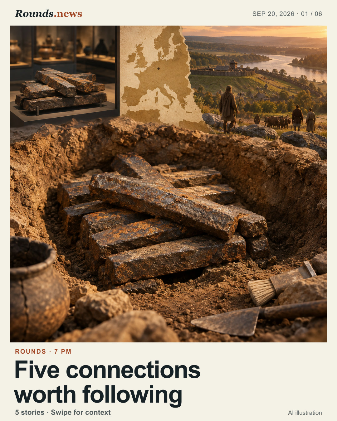 Card 1/6. Five connections worth following. rusty prehistoric iron bars in an archaeological pit with ancient landscape AI editorial illustration. Rounds.news editorial illustration. Source: Phys.org.
