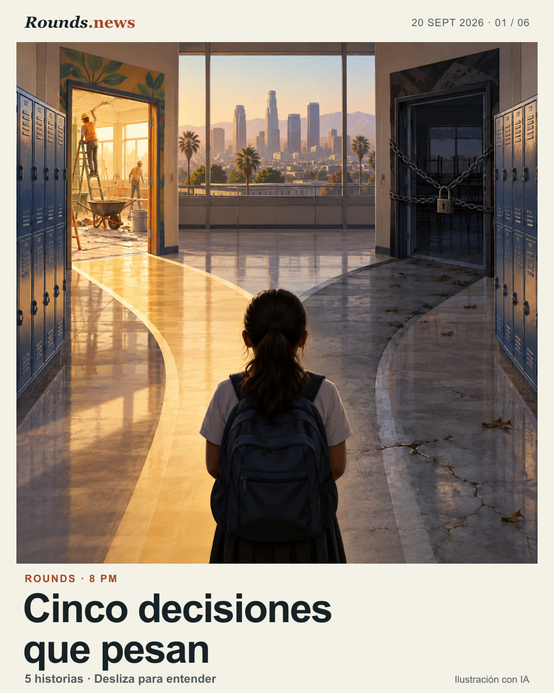 Tarjeta 1/6. Cinco decisiones que pesan. nearly empty Los Angeles school hallway and two paths for renovation or closure Ilustración editorial con IA. Rounds.news editorial illustration. Fuente: Infobae.