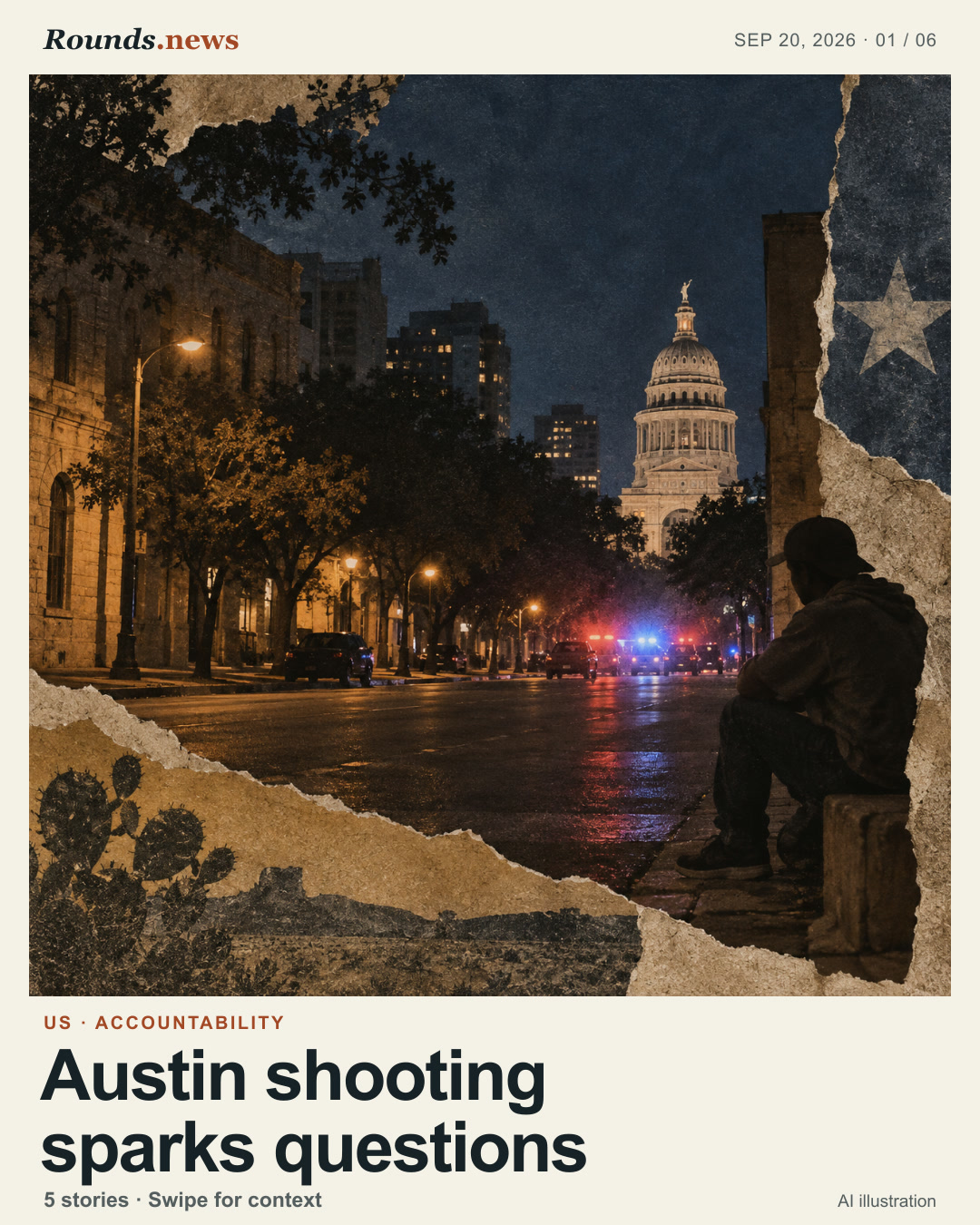 Card 1/6. Austin shooting sparks questions. Nighttime Austin street with emergency lights, a civic dome, and a seated figure. AI editorial illustration. Rounds.news editorial illustration. Source: DW.