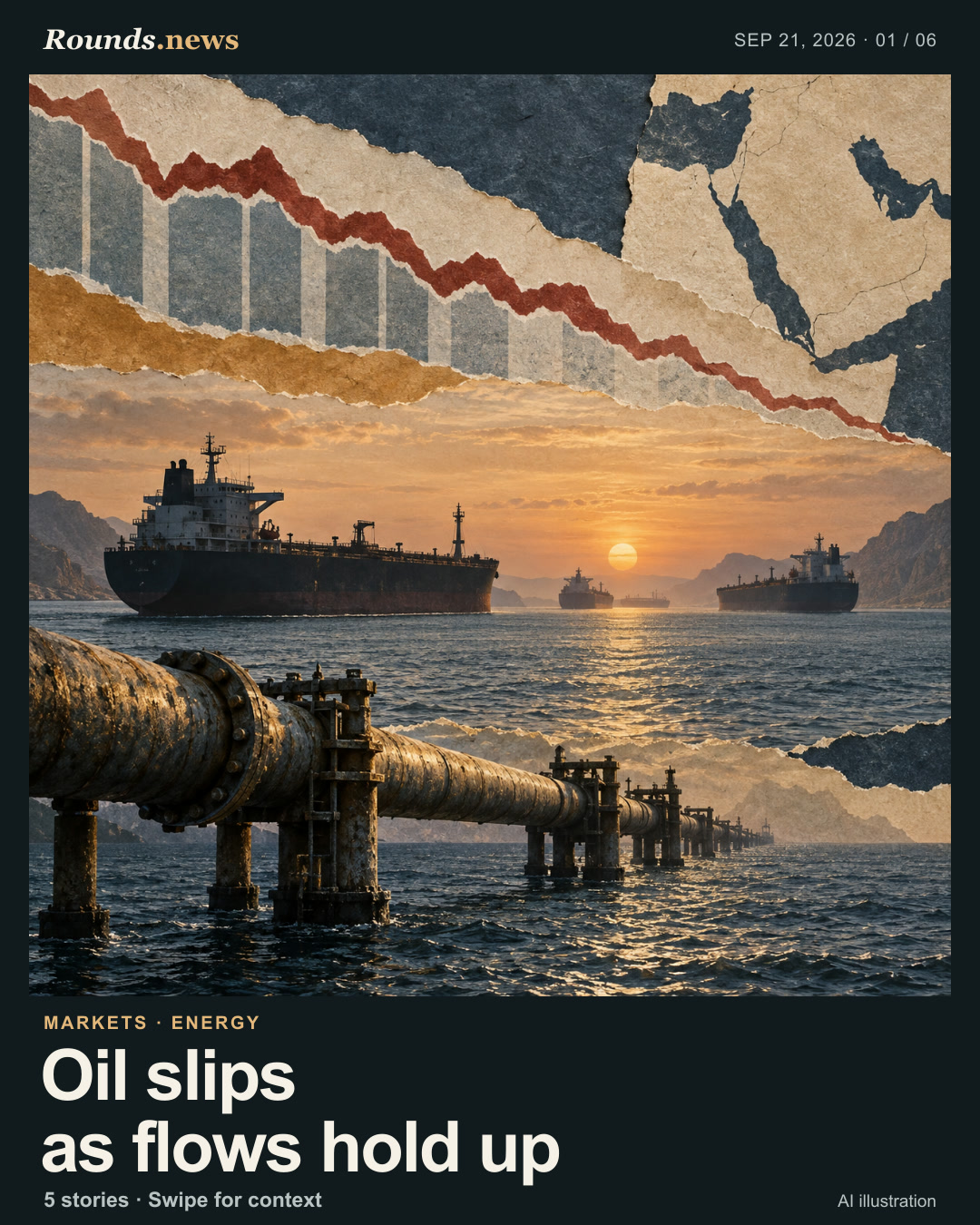 Card 1/6. Oil slips as flows hold up. Oil tankers, offshore pipeline, and a market line over a dawn sea. AI editorial illustration. Rounds.news editorial illustration. Source: CNBC.