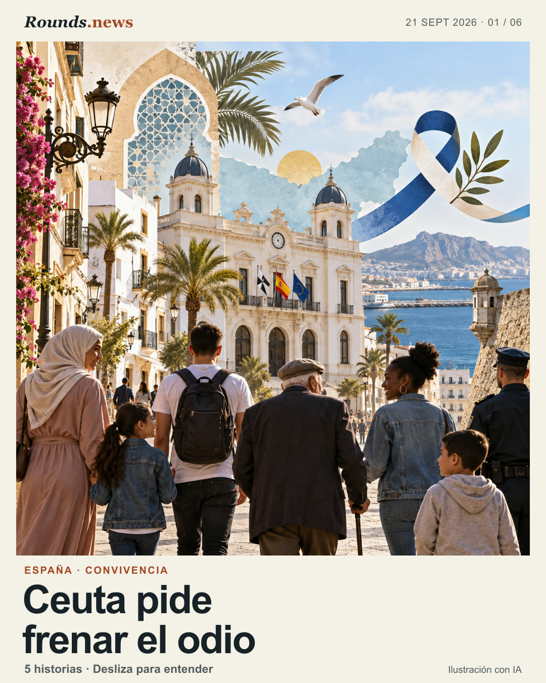 Tarjeta 1/6. Ceuta pide frenar el odio. Ceuta street and civic building with diverse neighbors, blue-and-white ribbon, no violence Ilustración editorial con IA. Rounds.news AI editorial illustration. Fuente: Infobae.