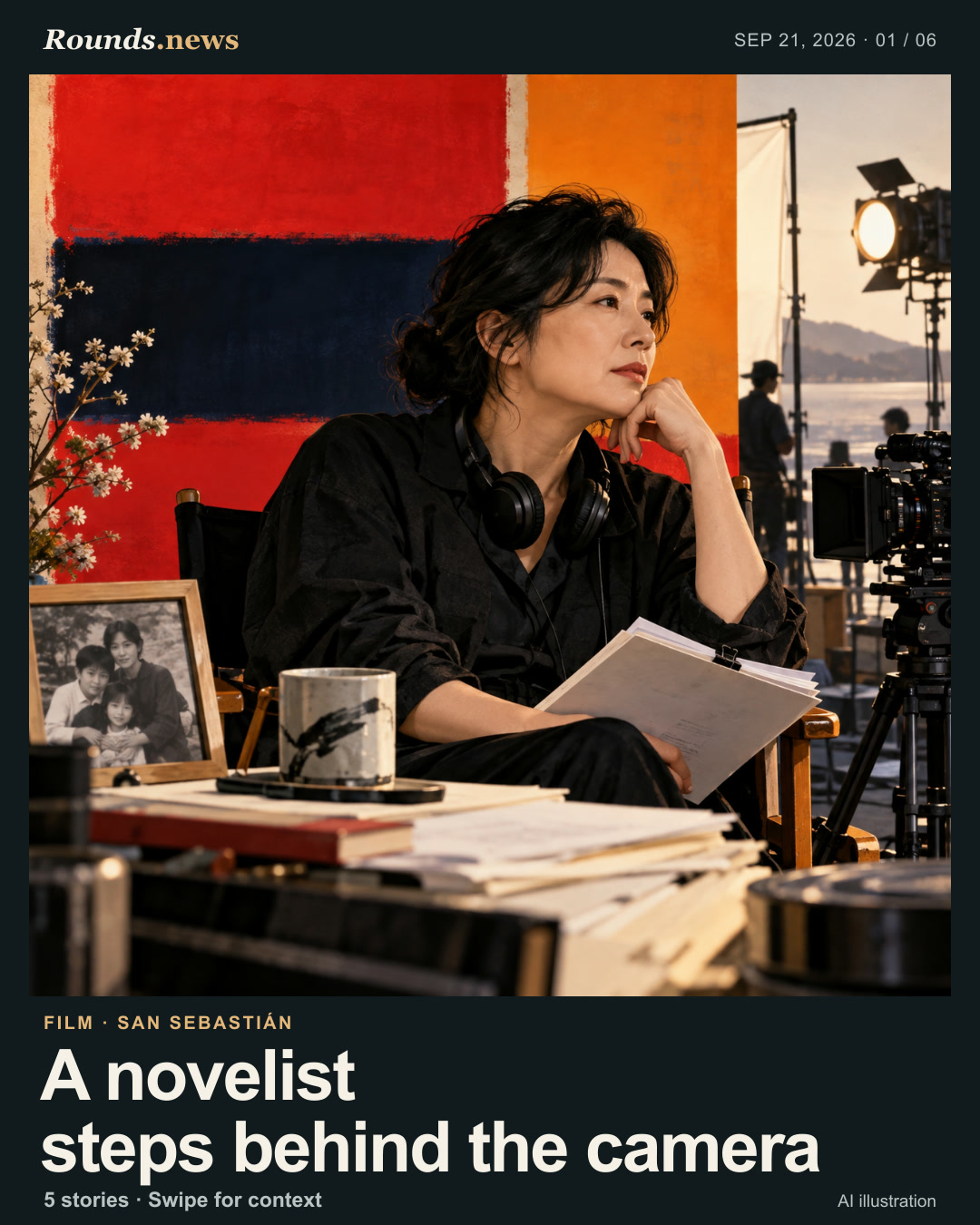 Card 1/6. A novelist steps behind the camera. Japanese novelist directing a film on a coastal set, family photo, script, Rothko color blocks AI editorial illustration. Rounds.news AI editorial illustration. Source: Variety.