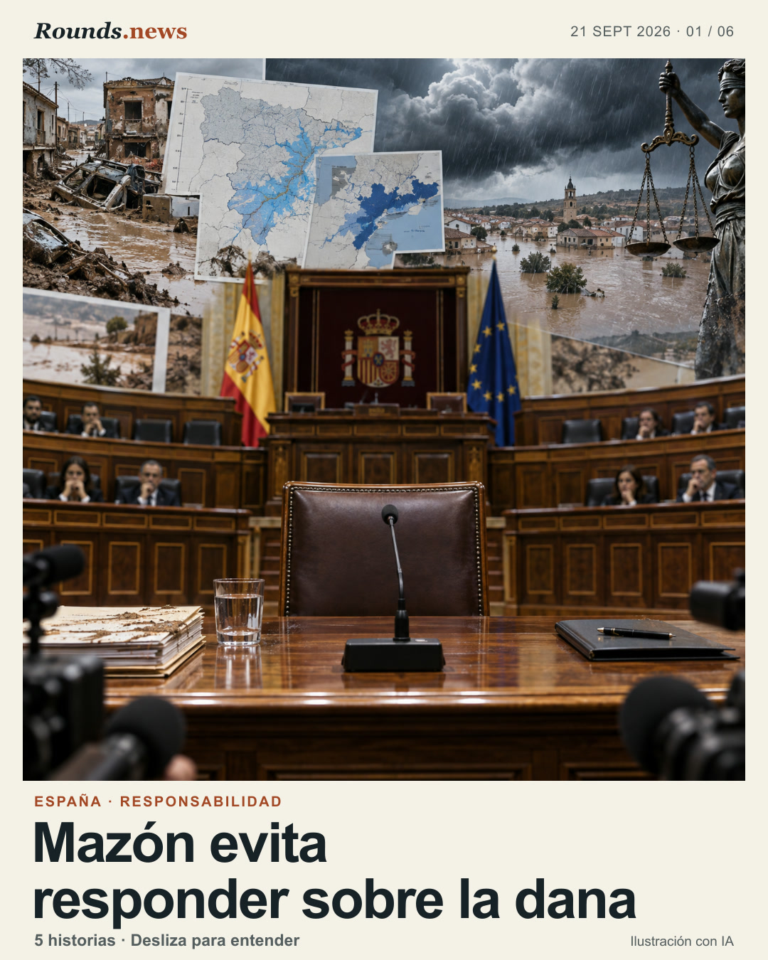 Tarjeta 1/6. Mazón evita responder sobre la dana. Spanish parliamentary hearing with empty chair, flood maps, storm clouds and accountability Ilustración editorial con IA. Rounds.news AI editorial illustration. Fuente: ABC.