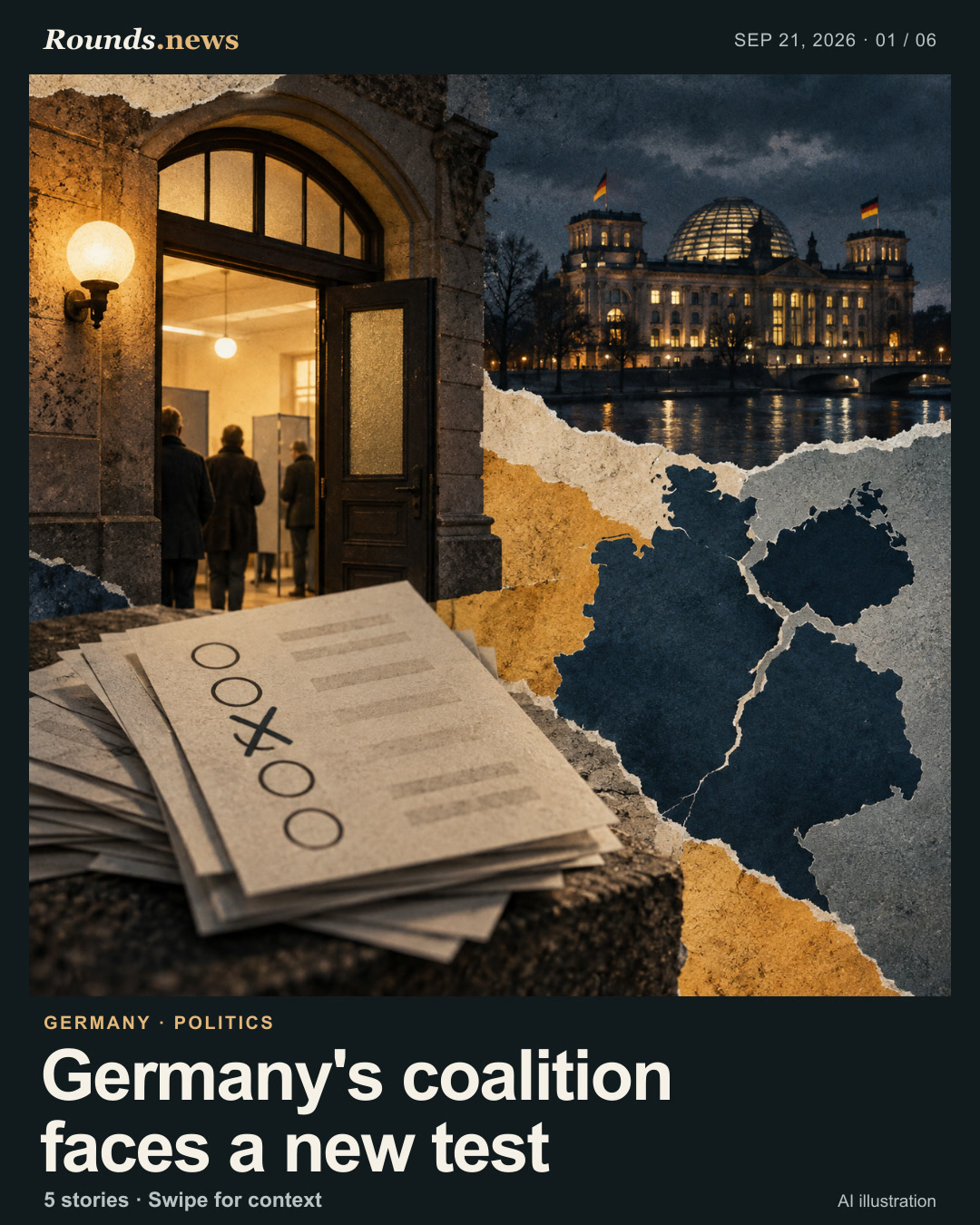 Card 1/6. Germany's coalition faces a new test. German parliament and election papers, coalition colors, ballot and map AI editorial illustration. Rounds.news AI editorial illustration. Source: France 24.
