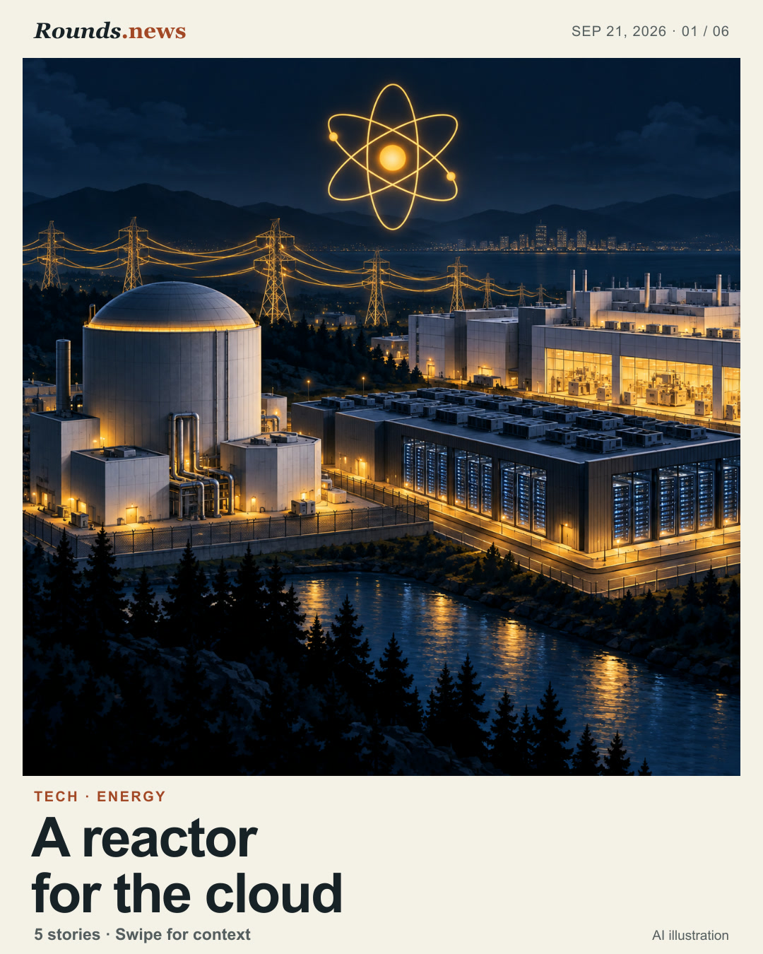 Card 1/6. A reactor for the cloud. Compact nuclear reactor beside a data center and semiconductor factory. AI editorial illustration. Rounds.news AI editorial illustration. Source: TechCrunch.