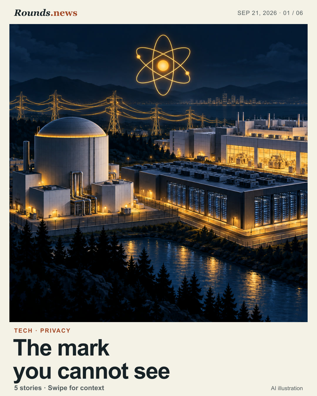Card 1/6. The mark you cannot see. Invisible tracking mark inside a shared image. AI editorial illustration. Rounds.news owned AI illustration. Source: Hacker News.