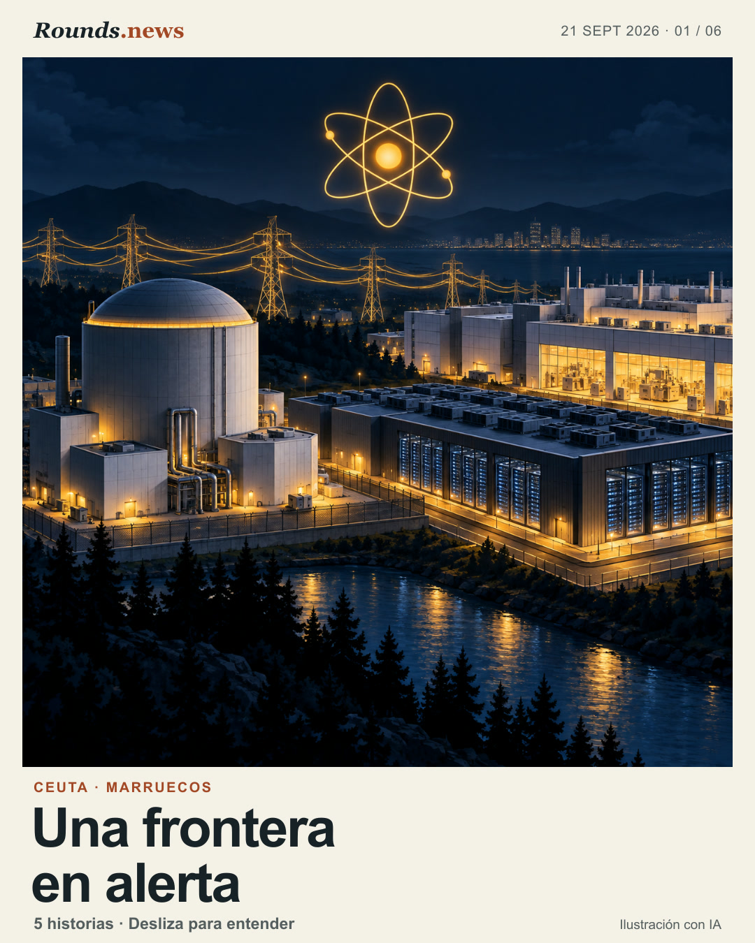 Tarjeta 1/6. Una frontera en alerta. Ceuta border and election watch. Ilustración editorial con IA. Rounds.news owned AI illustration. Fuente: France 24 Español.