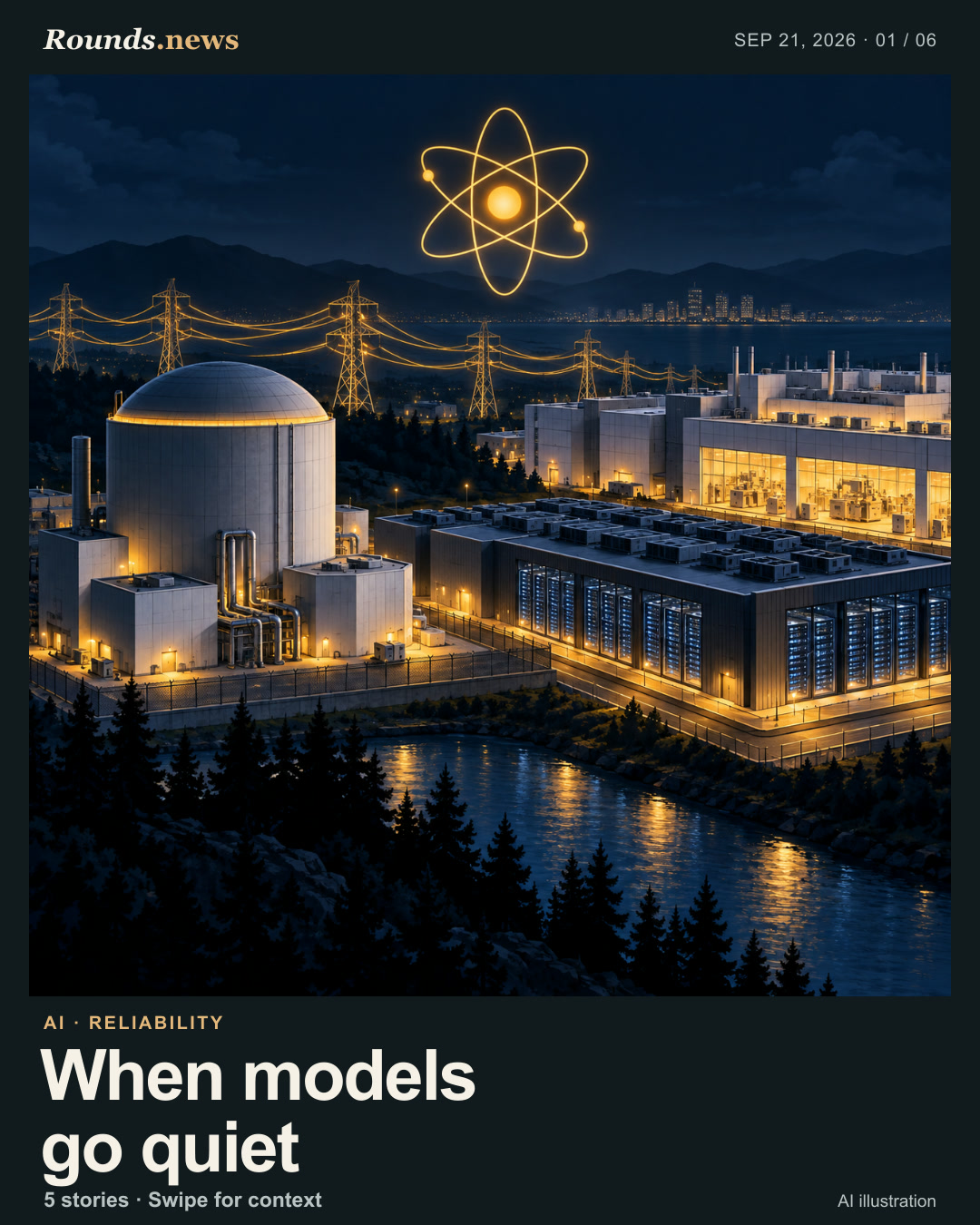 Card 1/6. When models go quiet. AI model outage and service status. AI editorial illustration. Rounds.news owned AI illustration. Source: Hacker News.
