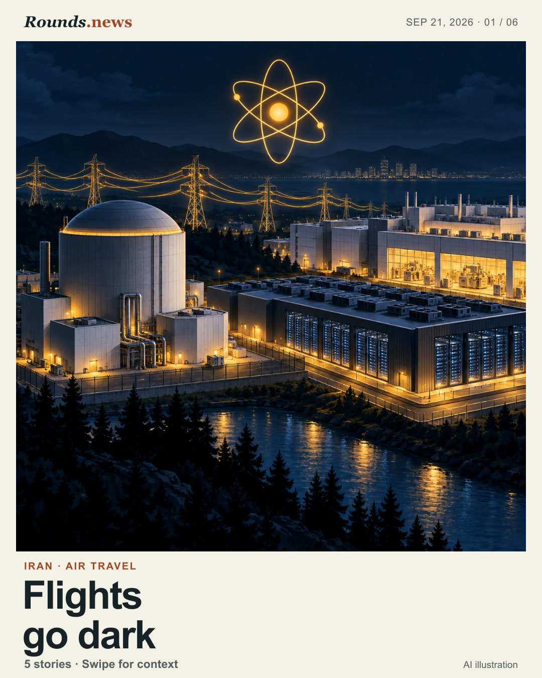 Card 1/6. Flights go dark. Iranian airline routes and grounded flights. AI editorial illustration. Rounds.news owned AI illustration. Source: CNBC.