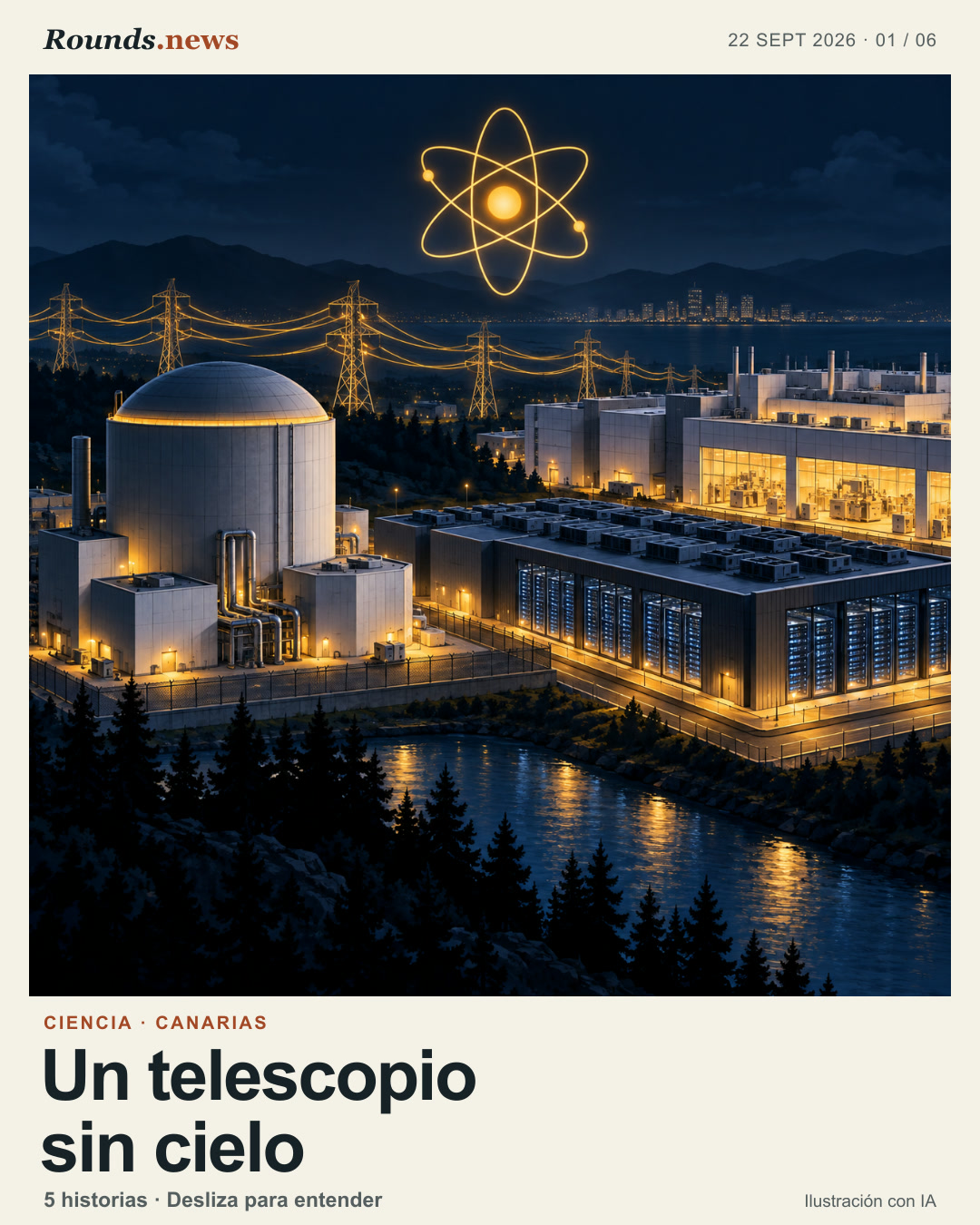 Tarjeta 1/6. Un telescopio sin cielo. La Palma telescope site and night sky. Ilustración editorial con IA. Rounds.news owned AI illustration. Fuente: El País Ciencia.