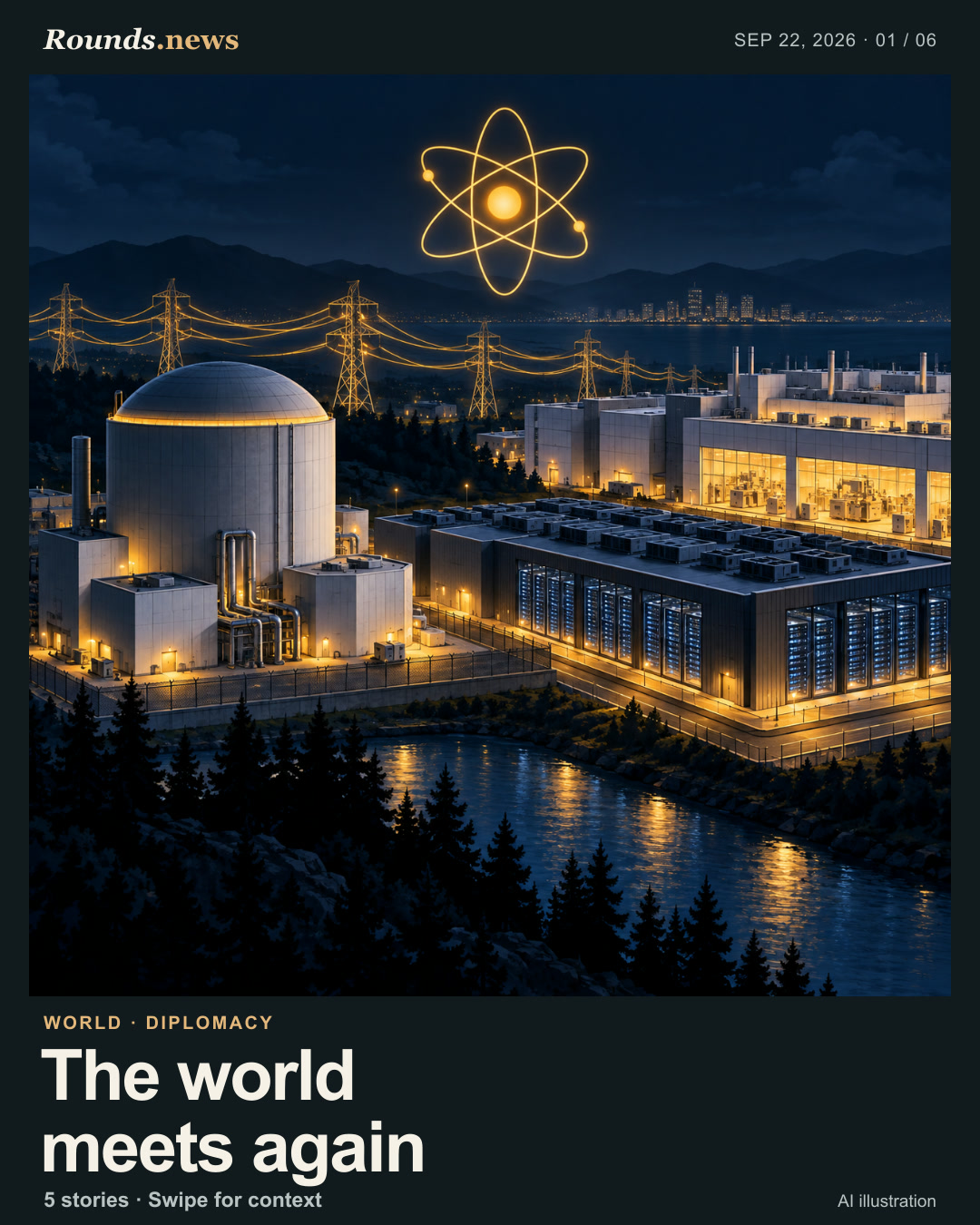 Card 1/6. The world meets again. UN chamber and world leaders. AI editorial illustration. Rounds.news owned AI illustration. Source: France 24.