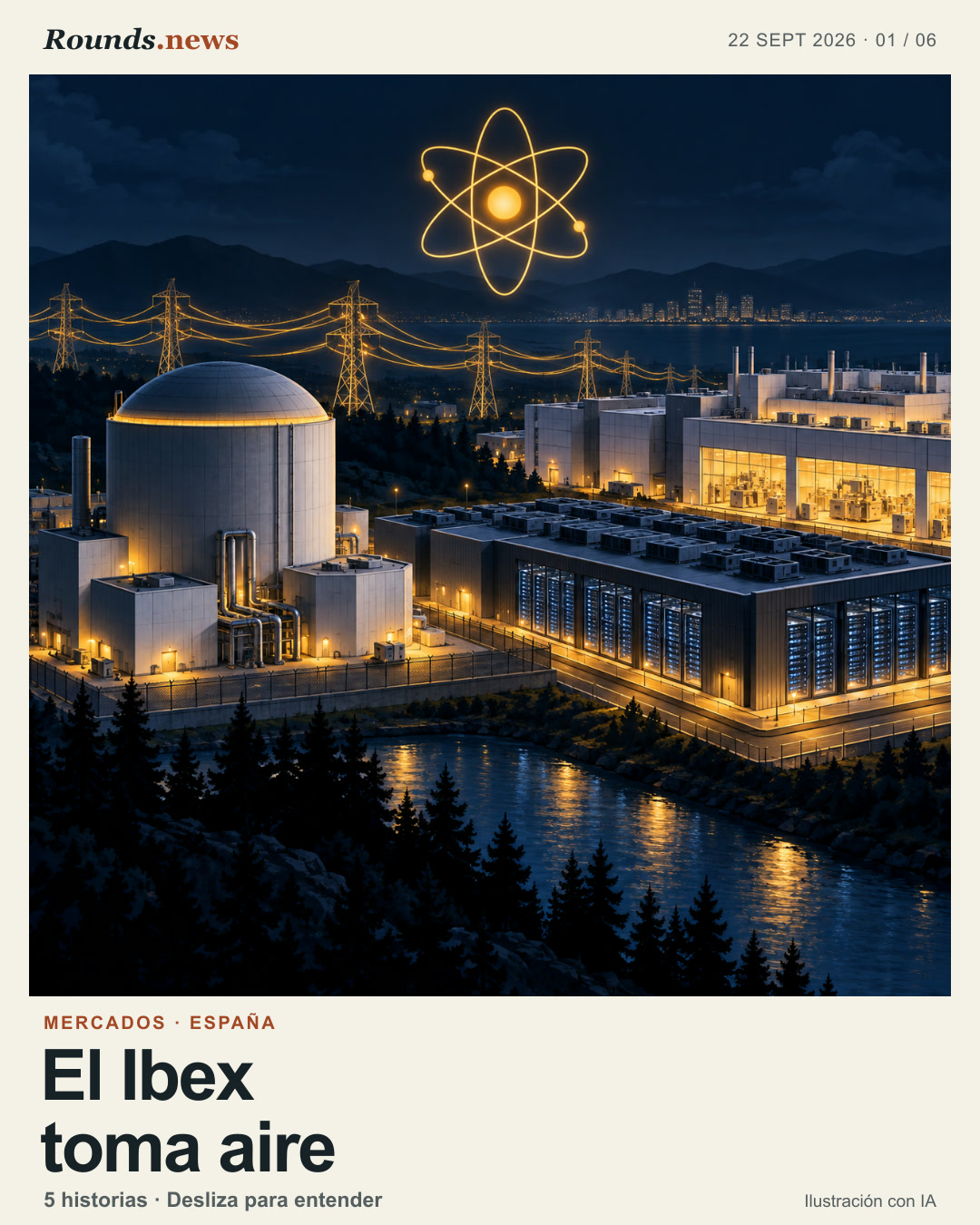 Tarjeta 1/6. El Ibex toma aire. Editorial illustration of a Spanish stock index chart, oil barrels and a tense global market. Ilustración editorial con IA. Rounds.news owned AI illustration. Fuente: Expansión.