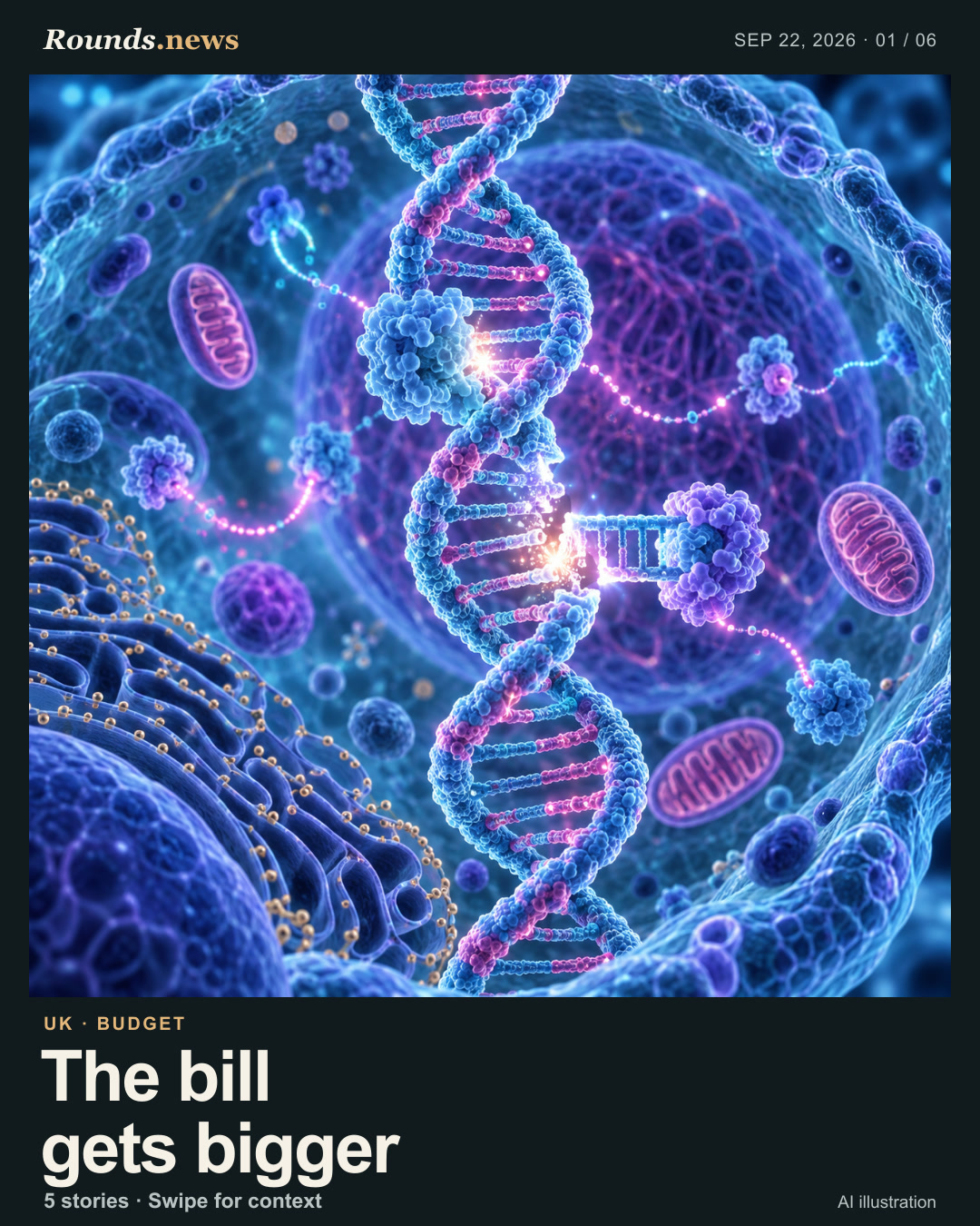 Card 1/6. The bill gets bigger. Editorial illustration of UK government finances, bonds and a growing budget ledger. AI editorial illustration. Rounds.news owned AI illustration. Source: Guardian Business.