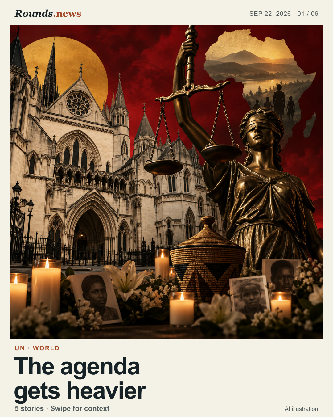 Card 1/6. The agenda gets heavier. Editorial illustration of the UN assembly with war, AI and climate symbols. AI editorial illustration. Rounds.news owned AI illustration. Source: France 24.