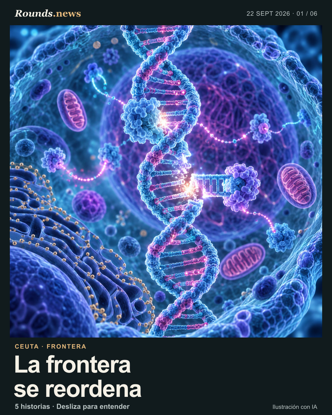 Tarjeta 1/6. La frontera se reordena. Editorial illustration of a border crossing, reception spaces and people seeking shelter. Ilustración editorial con IA. Rounds.news owned AI illustration. Fuente: El País.
