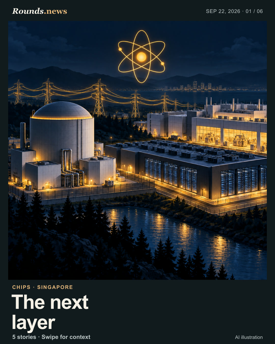 Card 1/6. The next layer. Editorial illustration of two-dimensional materials, a chip wafer and a Singapore skyline. AI editorial illustration. Rounds.news owned AI illustration. Source: TechCrunch.