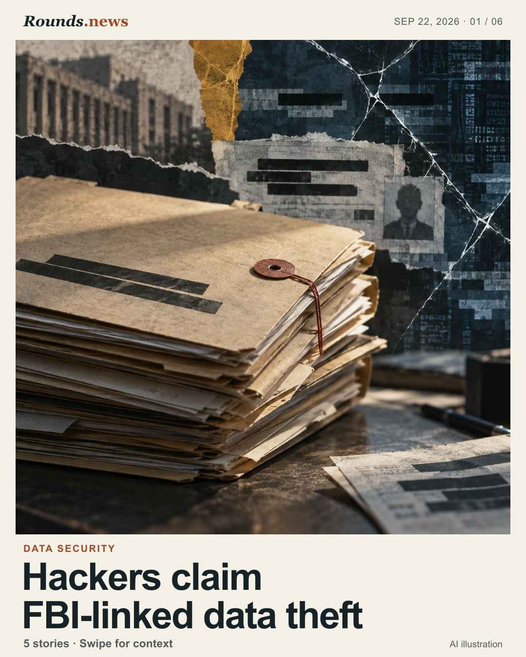 Card 1/6. Hackers claim FBI-linked data theft. Sealed personnel folders, redacted sheets, and a broken glass interface suggest sensitive records and uncertainty. AI editorial illustration. Rounds.news owned AI illustration. Source: TechCrunch.
