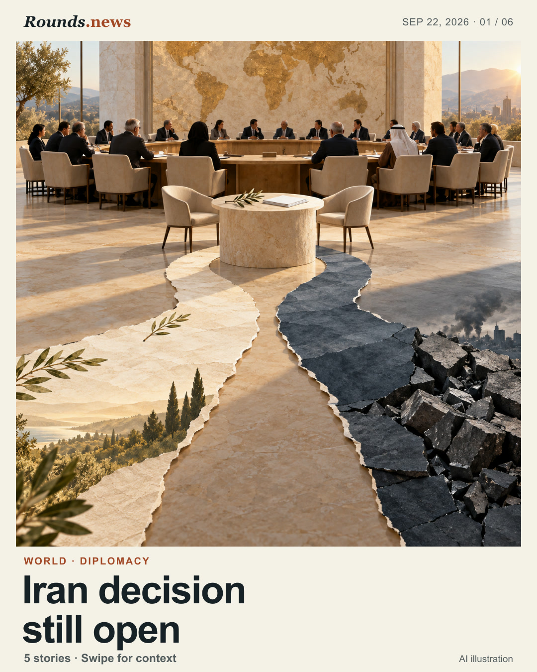 Card 1/6. Iran decision still open. Editorial collage of diplomats seated around an unmarked circular table, with a pale path of blank papers and a darker broken-stone path diverging across the foreground to suggest an unresolved diplomatic choice. AI editorial illustration. Rounds.news owned AI illustration. Source: BBC World.