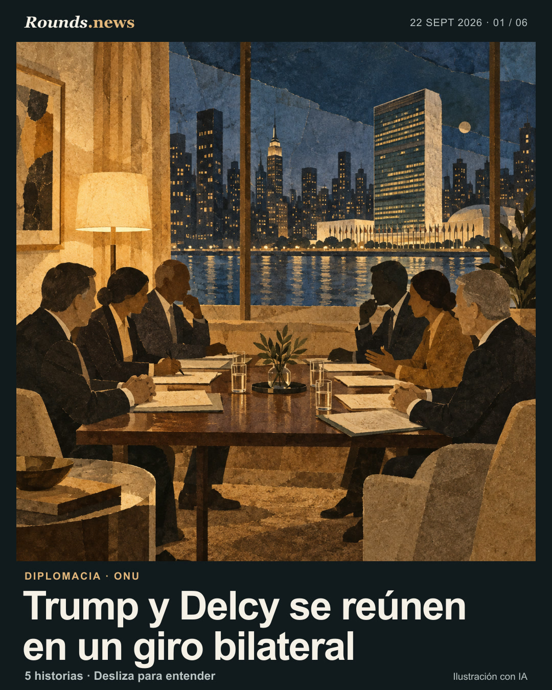 Tarjeta 1/6. Trump y Delcy se reúnen en un giro bilateral. Ilustración conceptual de dos delegaciones conversando de noche en una sala de Manhattan con la ciudad al fondo; las figuras no representan a personas identificables. Ilustración editorial con IA. Rounds.news owned AI illustration. Fuente: BBC Mundo.