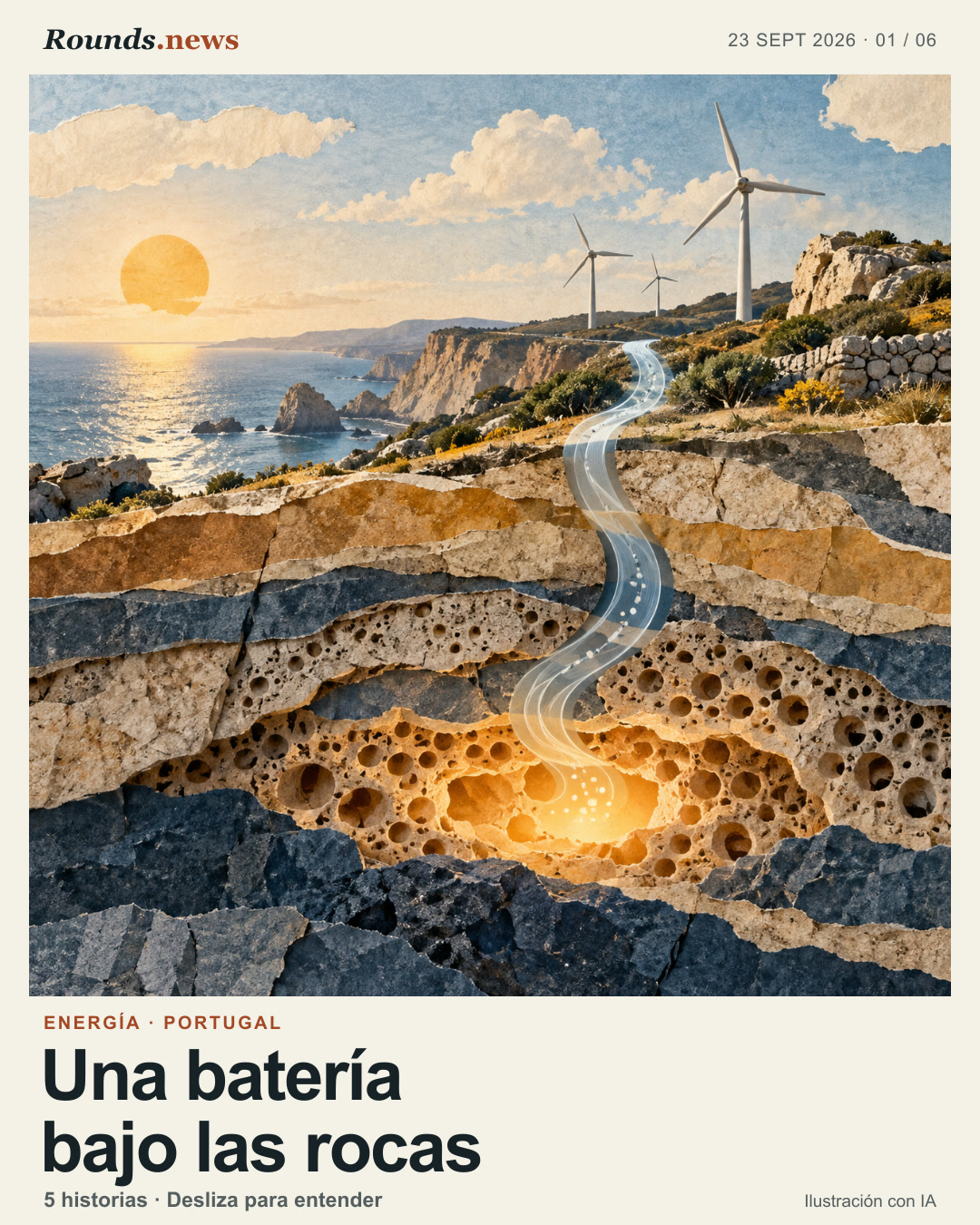 Tarjeta 1/6. Una batería bajo las rocas. Collage de colinas costeras con aerogeneradores y una franja de aire que desciende entre capas de roca porosa iluminadas; metáfora ilustrada del almacenamiento renovable. Ilustración editorial con IA. Rounds.news illustration, AI-generated. Fuente: El Confidencial Tecnología.