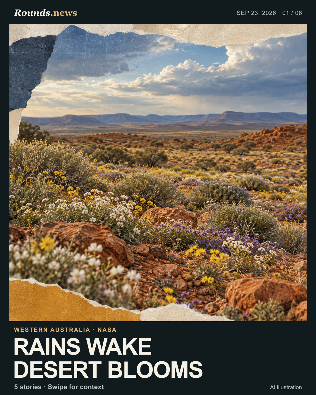 Card 1/6. RAINS WAKE DESERT BLOOMS. Ochre Western Australian shrubland filled with small white, yellow and violet wildflowers after winter rain, beneath a broad blue-gray sky. AI editorial illustration. Generated with AI by Rounds.news; conceptual, not documentary. Source: NASA.