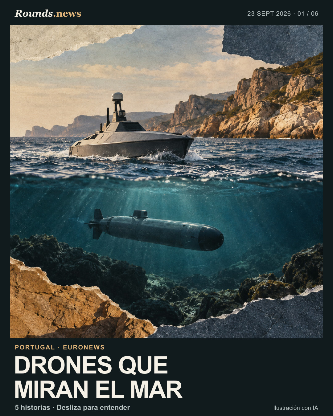 Tarjeta 1/6. DRONES QUE MIRAN EL MAR. Collage marino con una embarcación no tripulada en la superficie y un vehículo submarino genérico bajo el agua, frente a una costa rocosa. Ilustración editorial con IA. Ilustración editorial generada con IA por Rounds.news; conceptual, no documental. Fuente: Euronews.