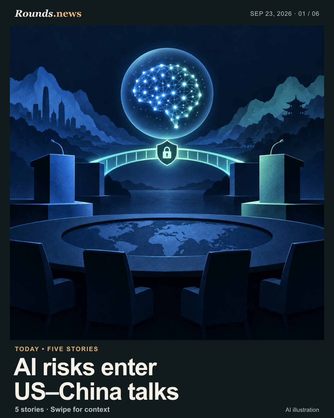 Card 1/6. AI risks enter US–China talks. Conceptual glowing AI network links two abstract delegations across a secure bridge above a meeting table. AI editorial illustration. AI editorial illustration by Rounds.news; conceptual, not documentary. Source: CNBC.