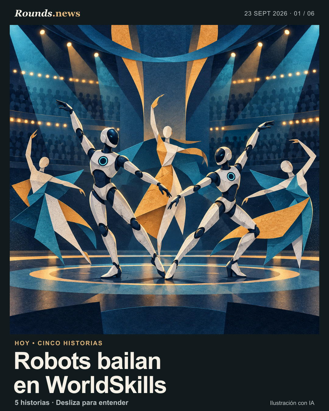 Tarjeta 1/6. Robots bailan en WorldSkills. Robots humanoides conceptuales bailan junto a formas de bailarines en un escenario genérico. Ilustración editorial con IA. Ilustración editorial con IA de Rounds.news; conceptual, no documental. Fuente: Euronews.