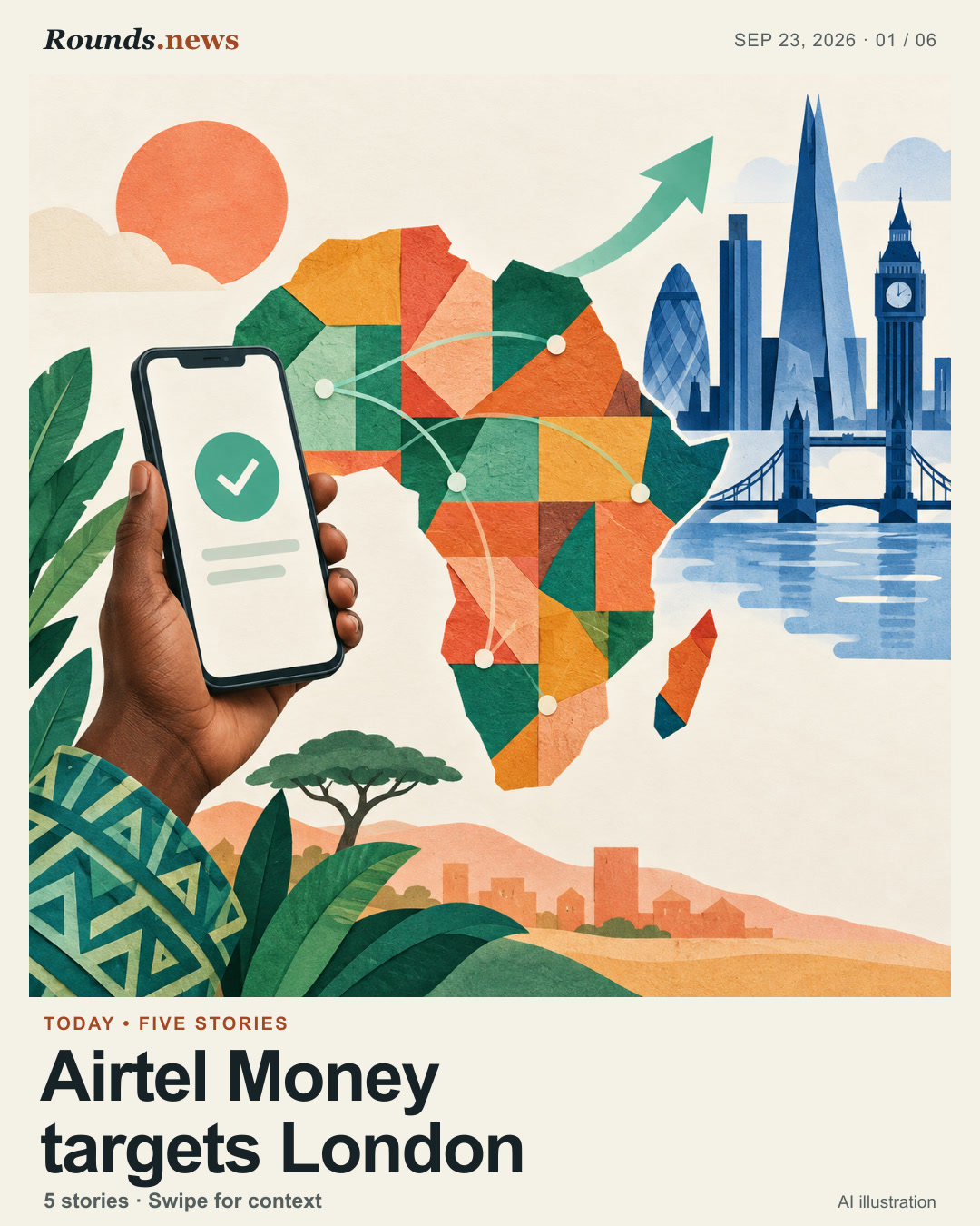 Card 1/6. Airtel Money targets London. A generic payment phone overlays a tiled map of Africa, with London's skyline and a rising arrow in the background; no company marks. AI editorial illustration. AI editorial illustration by Rounds.news; conceptual, not documentary. Source: The Guardian.