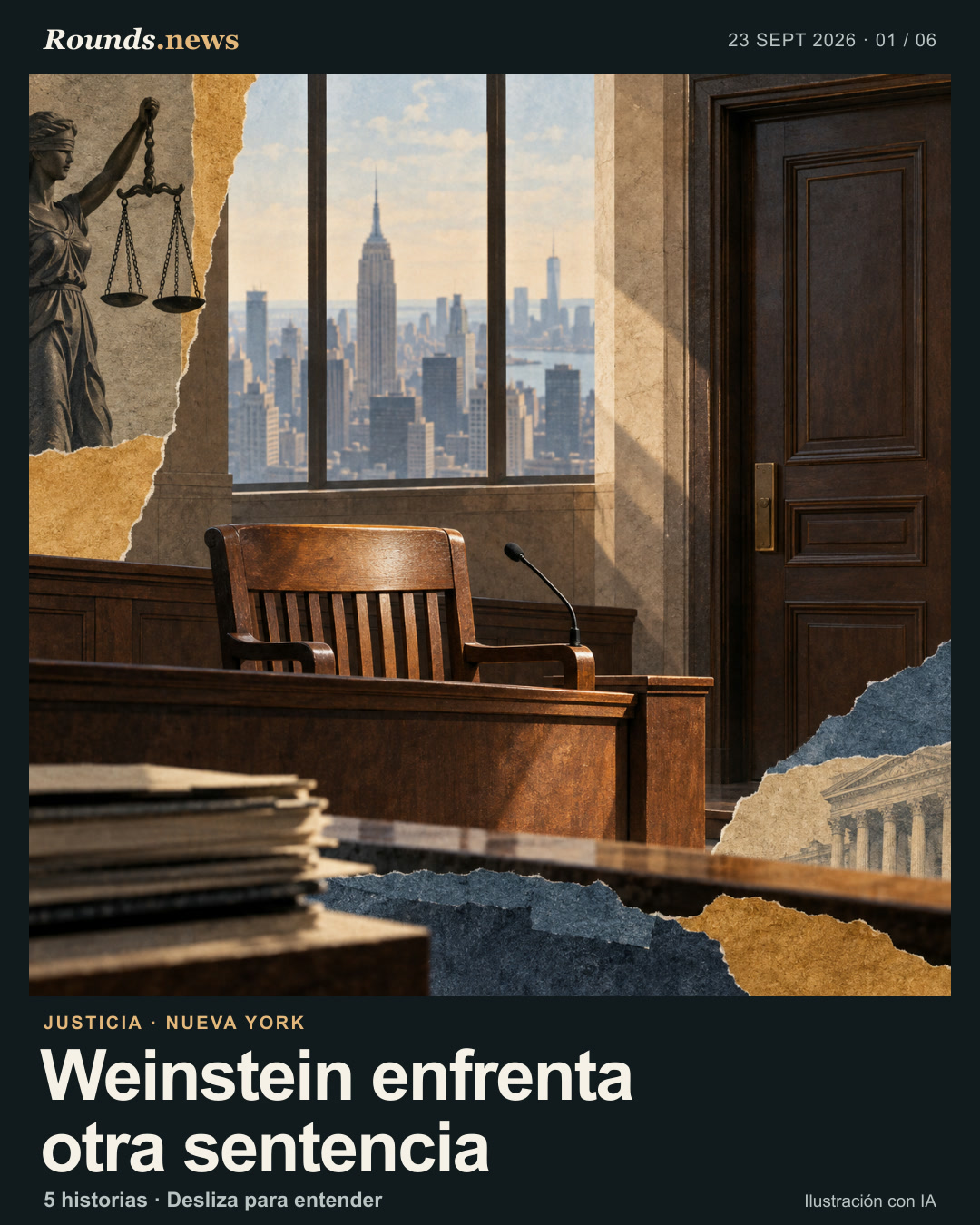 Tarjeta 1/6. Weinstein enfrenta otra sentencia. Collage editorial de una sala judicial vacía, estrado, silla de testigo y horizonte urbano de Nueva York. Ilustración editorial con IA. Ilustración editorial generada con IA · Rounds.news. Fuente: Infobae.