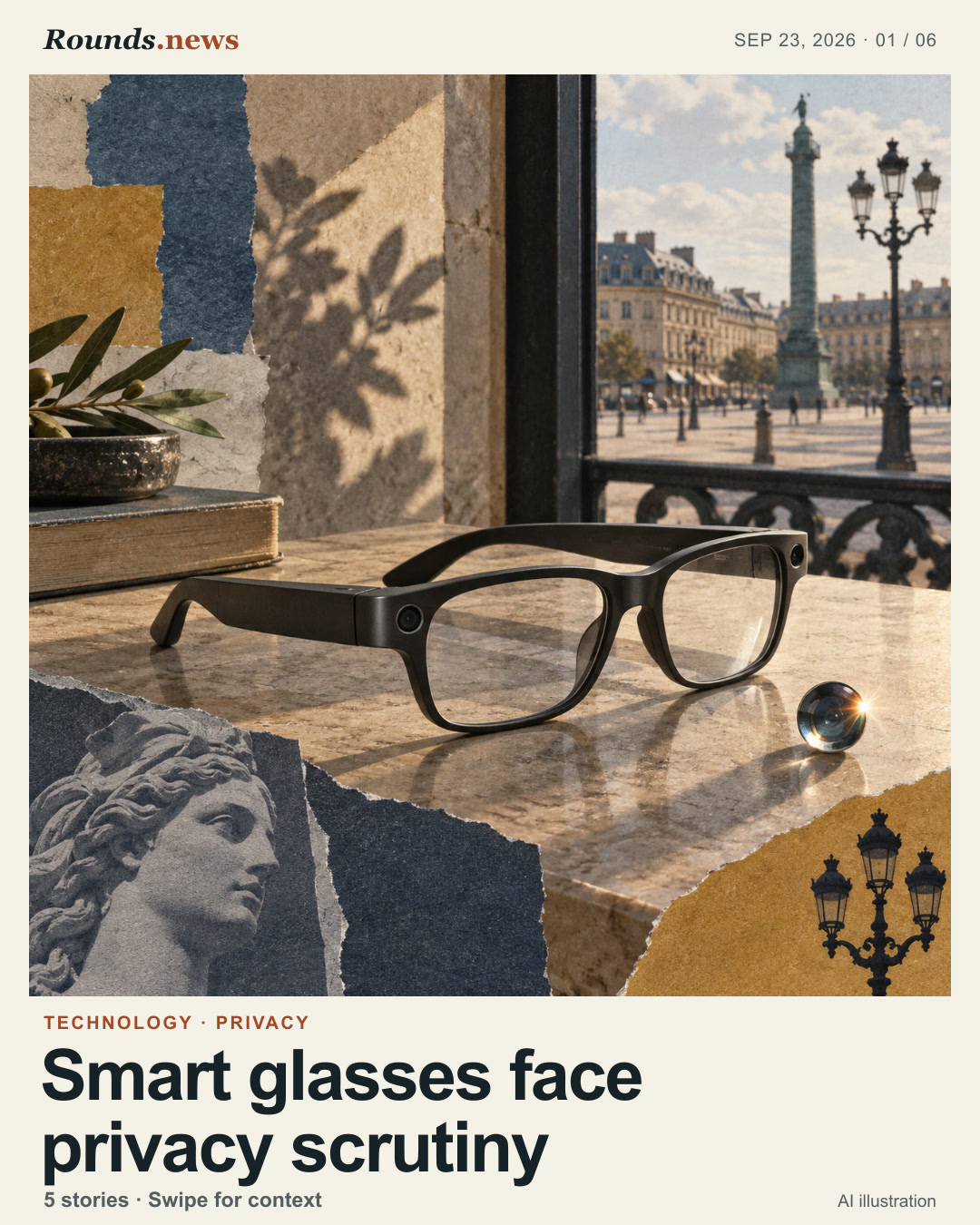 Card 1/6. Smart glasses face privacy scrutiny. Unbranded camera glasses on a tabletop facing a distant public square through a window. AI editorial illustration. AI editorial illustration · Rounds.news. Source: France 24.