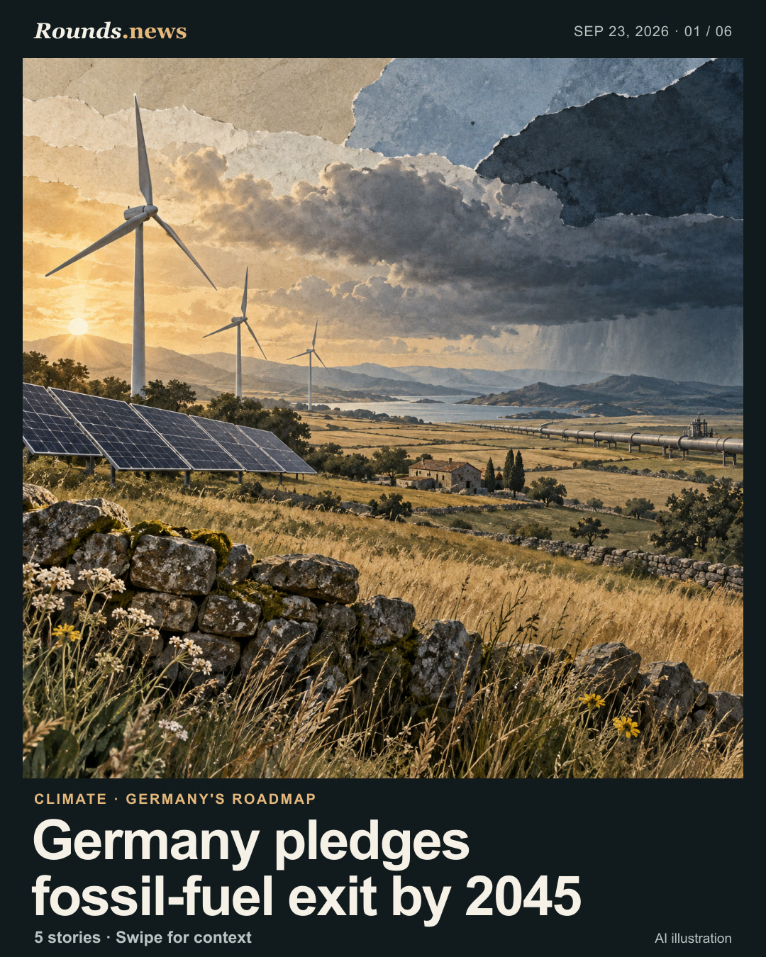 Card 1/6. Germany pledges fossil-fuel exit by 2045. Wind turbines and solar panels sit across a rural landscape with a distant gas pipeline, illustrating an incomplete energy transition; conceptual scene, not a specific German site. AI editorial illustration. AI-generated editorial illustration for Rounds.news. Source: Guardian Business.