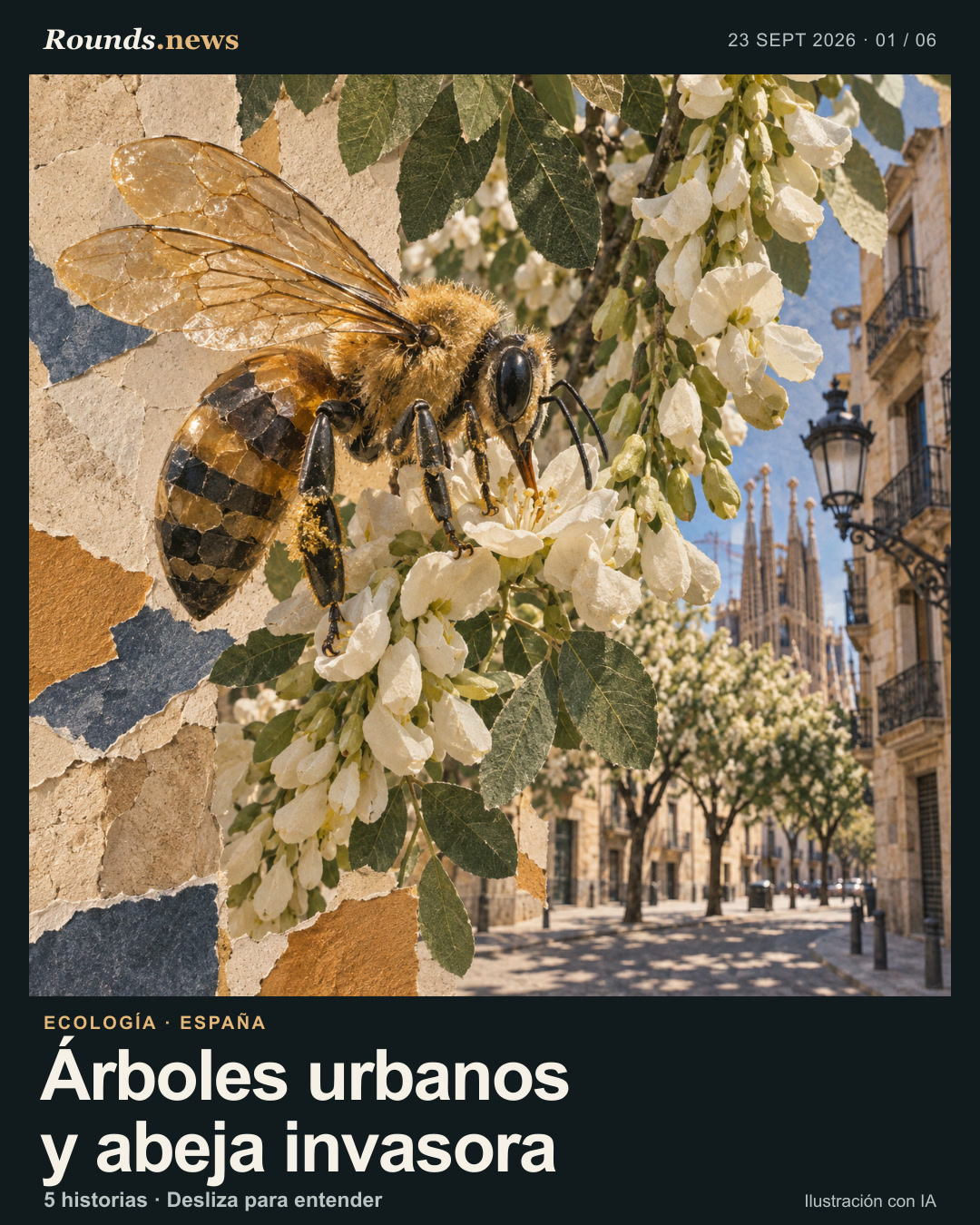 Tarjeta 1/6. Árboles urbanos y abeja invasora. Ilustración editorial de una abeja gigante de la resina sobre flores blancas de una sófora en una calle urbana catalana. Ilustración editorial con IA. Ilustración editorial generada con IA para Rounds.news; no es fotografía.. Fuente: El Confidencial Tecnología.