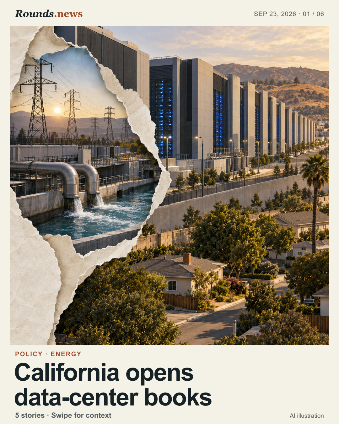 Card 1/6. California opens data-center books. Data-center buildings, power lines and cooling water sit beside a California community in a conceptual collage. AI editorial illustration. AI-generated editorial illustration for Rounds.news; not a photograph.. Source: The Verge.