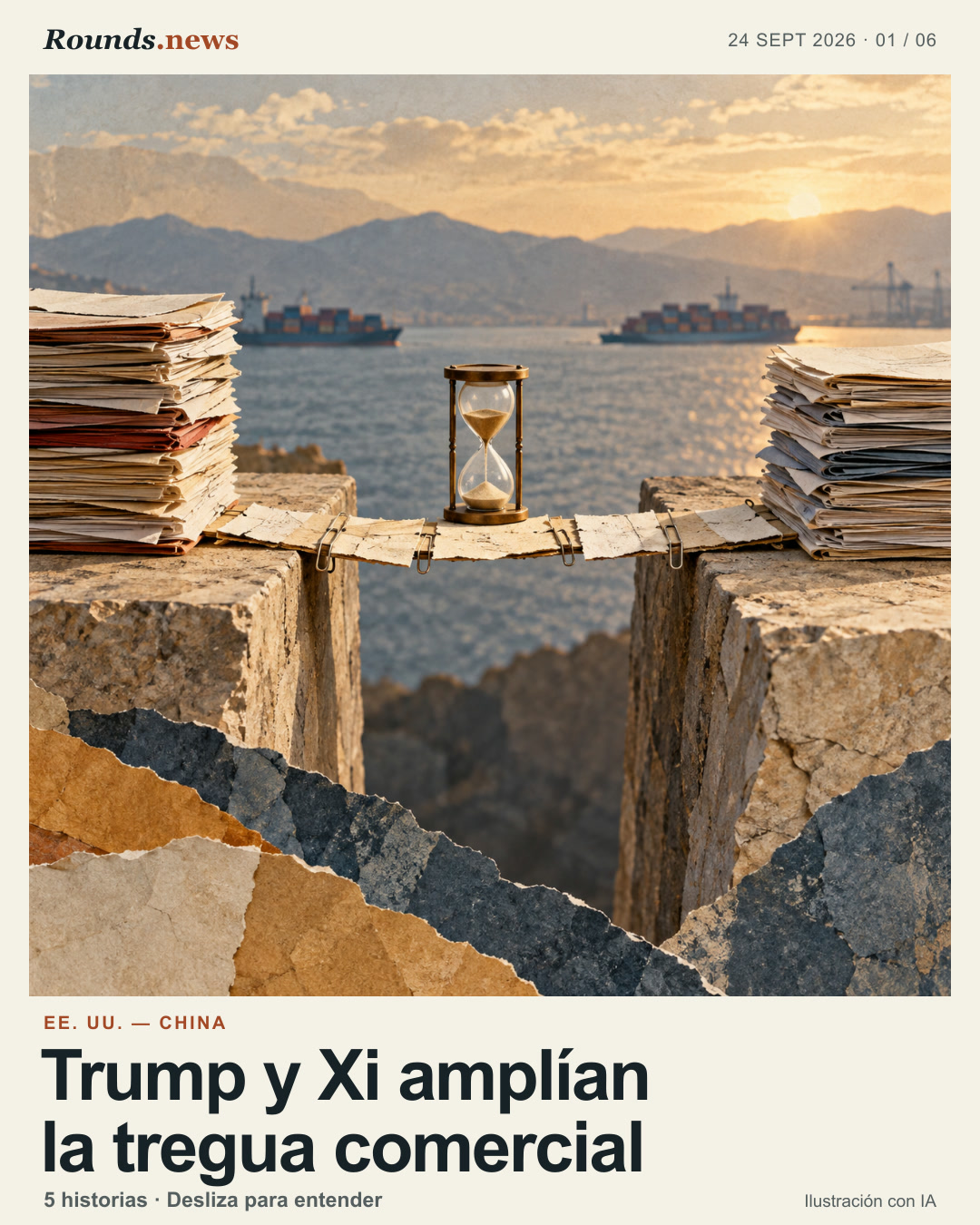 Tarjeta 1/6. Trump y Xi amplían la tregua comercial. Dos pilas distintas de documentos de comercio se separan por un puente de papel provisional sobre el agua; un reloj de arena y barcos de carga pequeños al fondo simbolizan una pausa temporal en la negociación. Ilustración editorial con IA. Rounds.news editorial artwork. Fuente: Expansión.