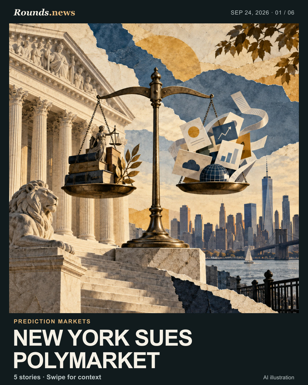 Card 1/6. NEW YORK SUES POLYMARKET. Square paper collage balancing New York courthouse columns against abstract prediction-market slips, with a city skyline. AI editorial illustration. AI-generated owned illustration by Rounds.news. Source: CNBC.