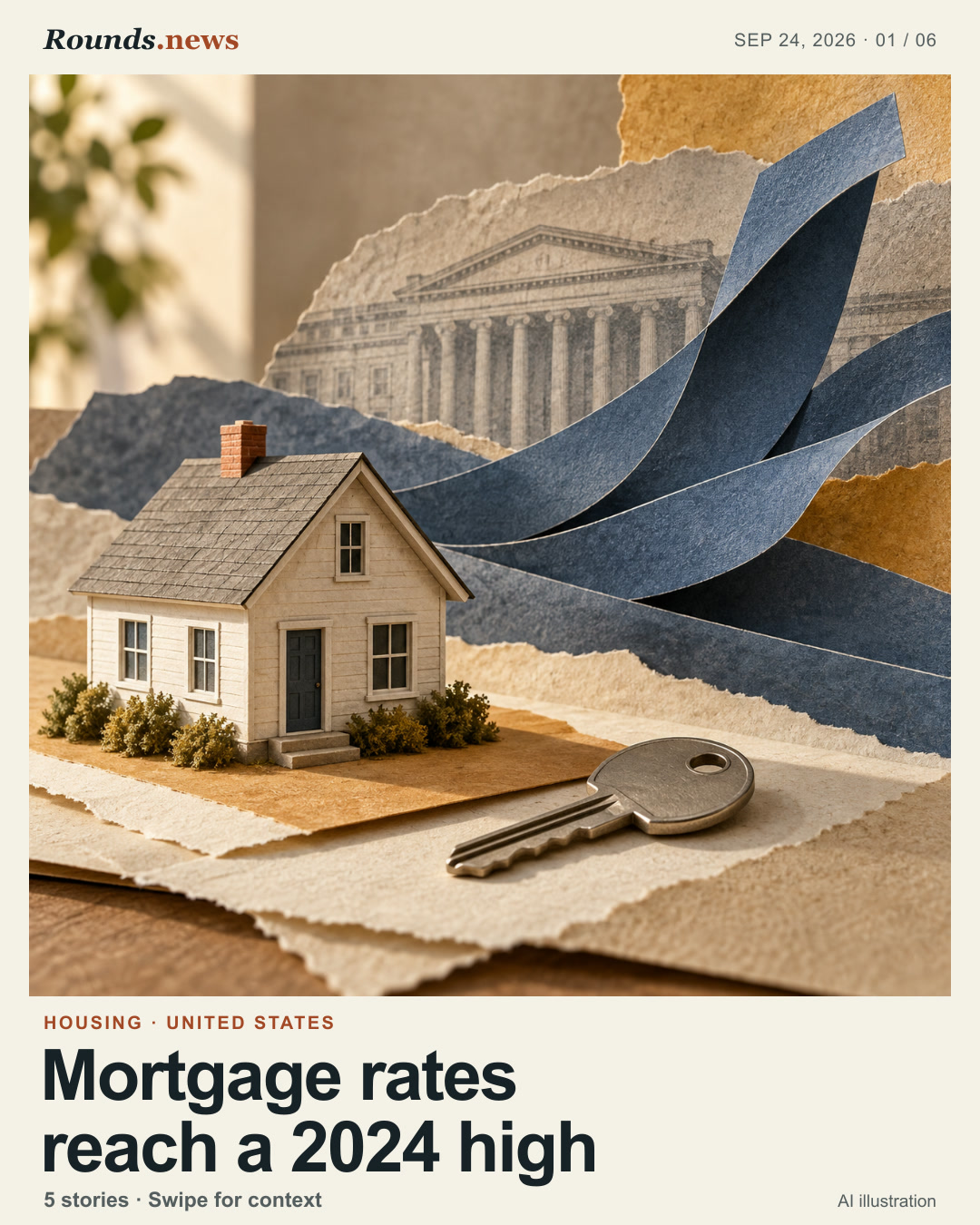 Card 1/6. Mortgage rates reach a 2024 high. A small house model and metal key sit before layered stone architecture and flowing slate-blue ribbons suggesting rising borrowing pressure. AI editorial illustration. Original AI illustration by Rounds.news, 2026-09-24. Source: CNBC.