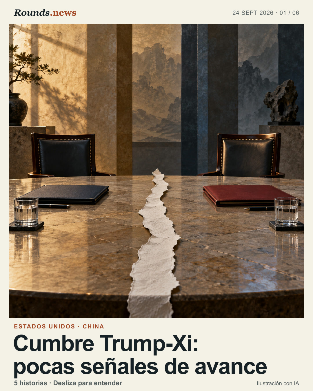 Tarjeta 1/6. Cumbre Trump-Xi: pocas señales de avance. Mesa diplomática vacía entre dos sillas, con una hoja de papel vertical en el centro y luz cálida entrando por las ventanas. Ilustración editorial con IA. Ilustración original de IA para Rounds.news, 2026-09-24. Fuente: France 24 Español.