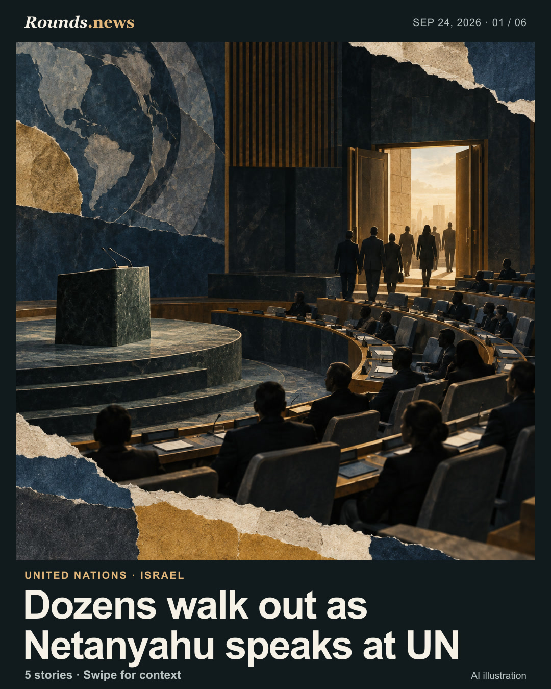 Card 1/6. Dozens walk out as Netanyahu speaks at UN. An abstract assembly chamber with rows of seated figures, a dark lectern and anonymous silhouettes walking through a bright open doorway. AI editorial illustration. Original AI illustration for Rounds.news, 2026-09-24. Source: BBC World.