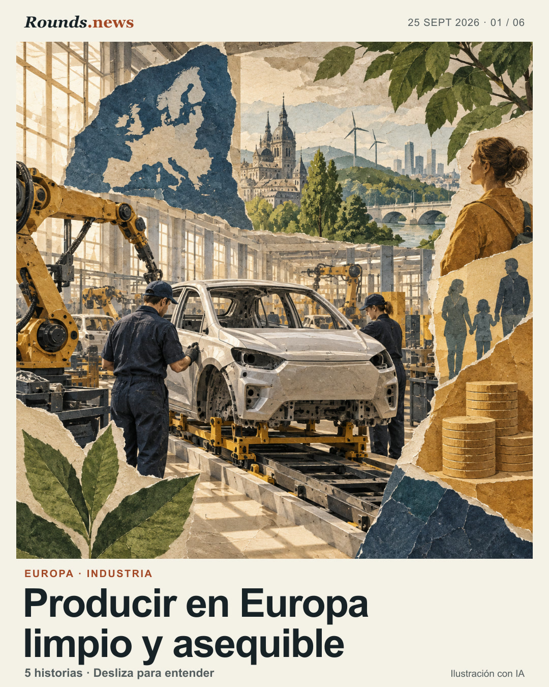 Tarjeta 1/6. Producir en Europa limpio y asequible. Collage conceptual de una carrocería eléctrica sin marca en una línea de montaje europea, con operarios, automatización y referencias a energía renovable; no representa una planta ni una política concretas. Ilustración editorial con IA. Ilustración editorial propia de Rounds.news, generada con IA. Fuente: El País Economía.
